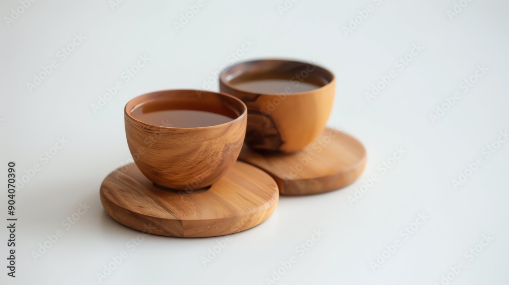 Two wooden teacups with brown tea on wooden coasters. Two wooden teacups with brown tea on wooden coasters.