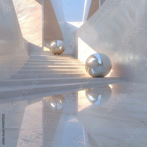 Stunning modern architecture showcasing a bright staircase and reflective spheres in a minimalist space.