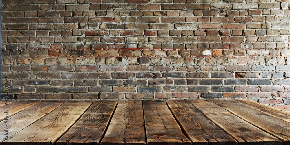 An empty wood table set against a brick wall, creating a contrast between natural textures and industrial elements An empty wood table set against a brick wall, creating a contrast between natural textures and industrial elements
