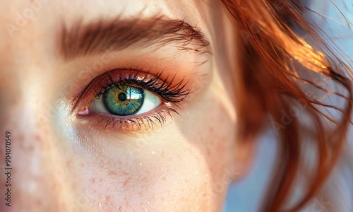 Emerald Gaze: A close-up portrait capturing the captivating beauty of a woman with fiery red hair and a piercing green eye, bathed in warm sunlight. 
