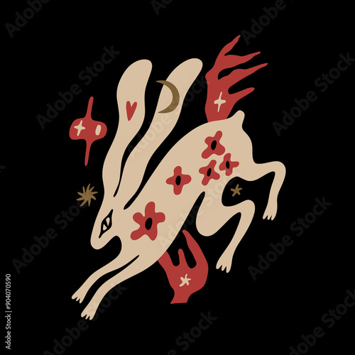 Cartoon ethnic mascot boho rabbit or hare funny groovy whimsical flat art. Symbol of prosperity and fertility. Doodle stellar celestial cute astronomy and astrology details. Hand-drawn bohemian