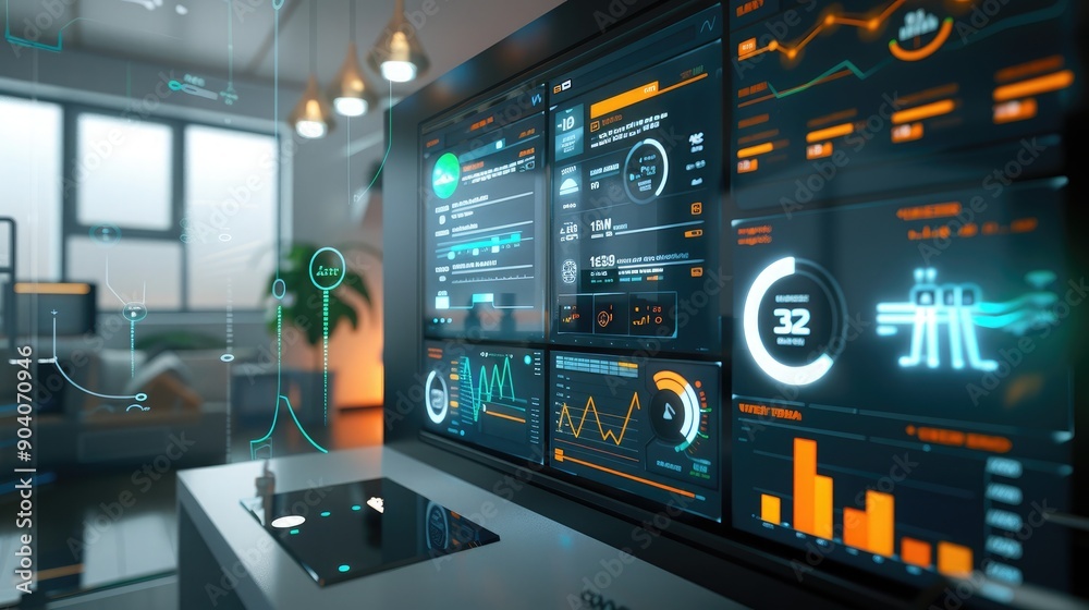 A futuristic control room for a smart home, featuring an energy management system with touchscreens displaying real-time energy data. A futuristic control room for a smart home, featuring an energy management system with touchscreens displaying real-time energy data.