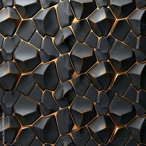 Textured black rocks with golden edges create a striking visual pattern, perfect for backgrounds or design elements.