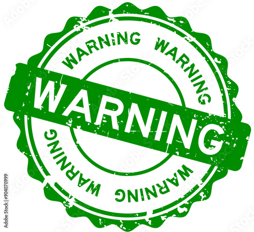 Grunge green warning word round rubber seal stamp on white background