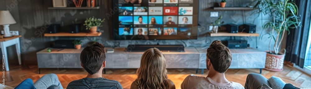 A family in a living room with a TV displaying a streaming services subscription options A family in a living room with a TV displaying a streaming services subscription options