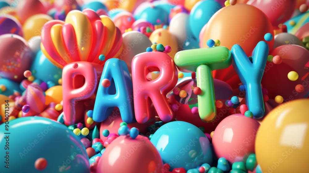 Colorful poster with the text party, balloons and sweets. Colorful poster with the text party, balloons and sweets.