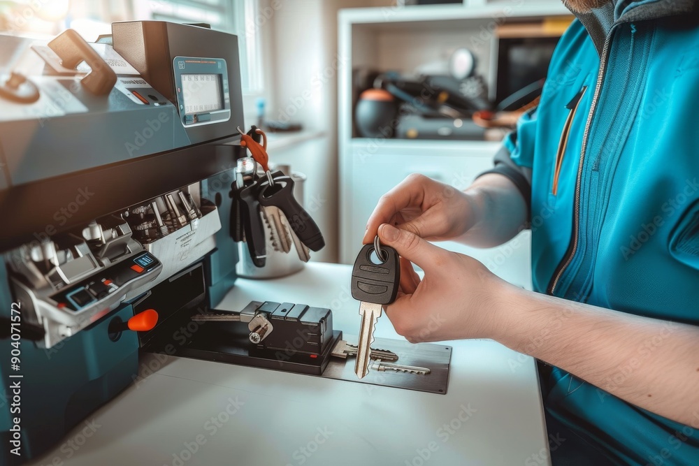 © alisaaa - Close view of key copying machine with key One young man, professional key cutter, making door keys copies in locksmith © alisaaa - Close view of key copying machine with key One young man, professional key cutter, making door keys copies in locksmith