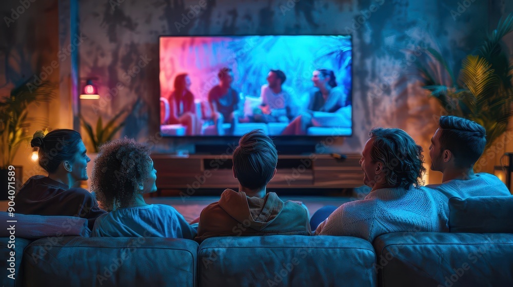 Obraz premium A group of friends on a couch with a big screen TV showing a movie