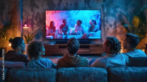 A group of friends on a couch with a big screen TV showing a movie