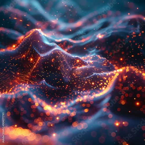 Vibrant abstract background featuring glowing particles and waves of light, perfect for creative and technological designs.