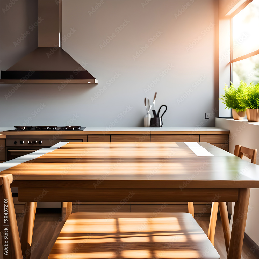 Wooden table in empty of free space and kitchen interior.