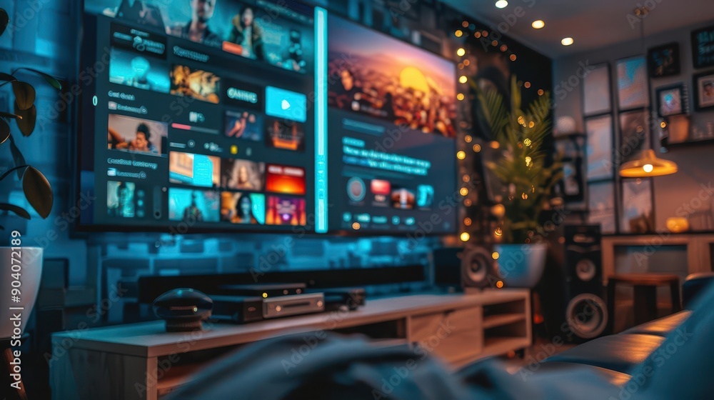 A home theater setup with a large screen displaying a streaming services browsing interface A home theater setup with a large screen displaying a streaming services browsing interface