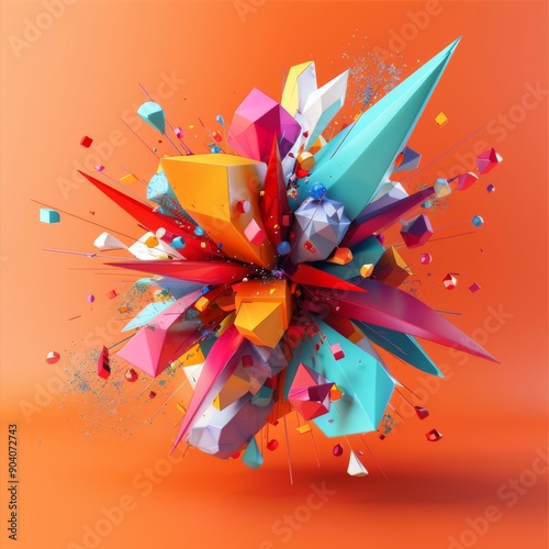Vibrant abstract explosion of geometric shapes in bright colors on an orange background.