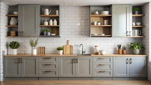 Modern grey built-in kitchen cabinet set displays household products on a blank empty countertop with white ceramic wall tiles backdrop.