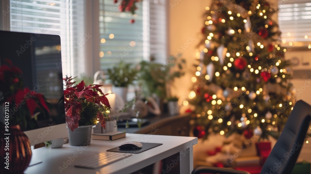 Obraz premium A desk positioned with a view of a decorated Christmas tree