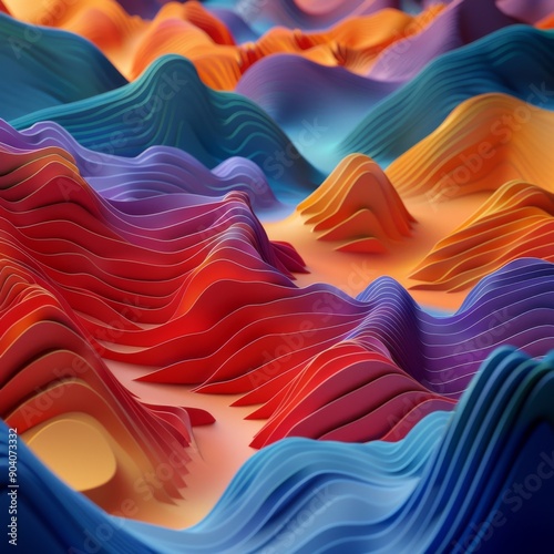 Vibrant abstract landscape with colorful waves and undulating forms, creating a stunning visual experience of depth and movement.