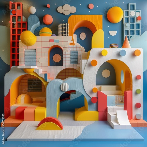 Vibrant abstract playset with colorful shapes and structures, designed to inspire creativity and imaginative play.