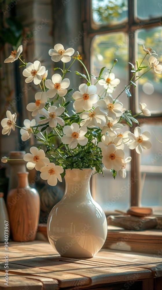 A beautiful vase filled with jasmine flowers sits on a wooden table in a bright, cozy interior, creating a serene atmosphere.