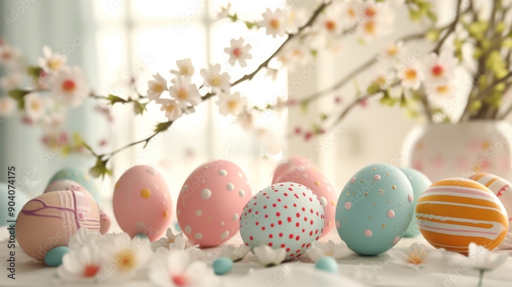 A selection of colorful Easter eggs arranged on a white table A selection of colorful Easter eggs arranged on a white table