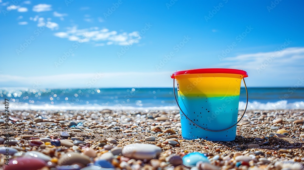 A colored bucket on the beach close to the coast A colored bucket on the beach close to the coast