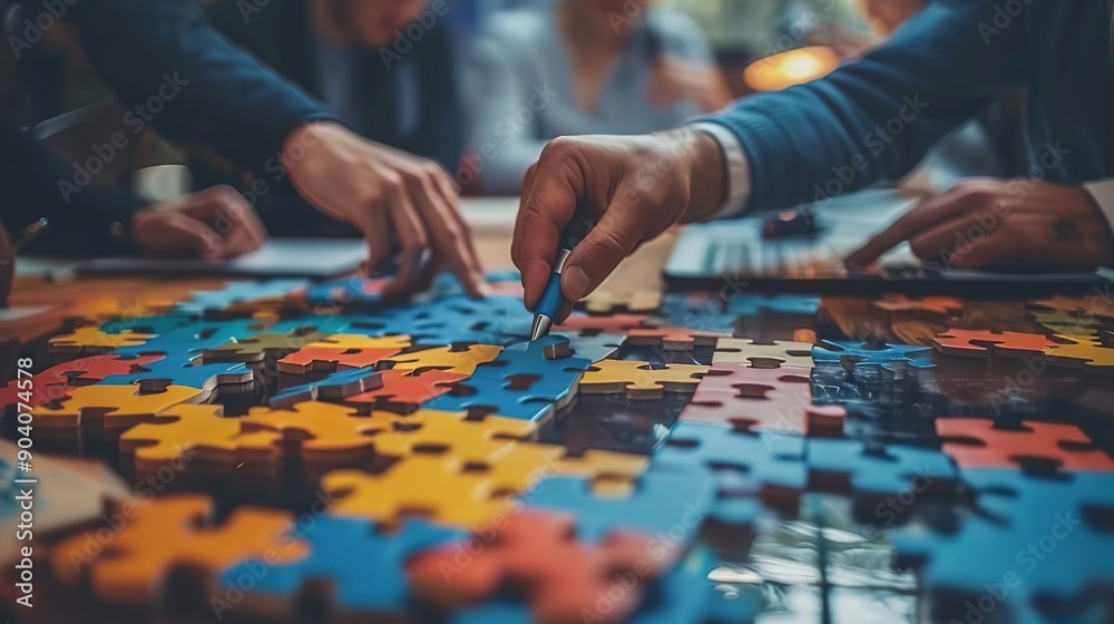 Fototapeta premium Teamwork and Problem Solving: A Close-Up of a Hand Placing a Puzzle Piece - Photo