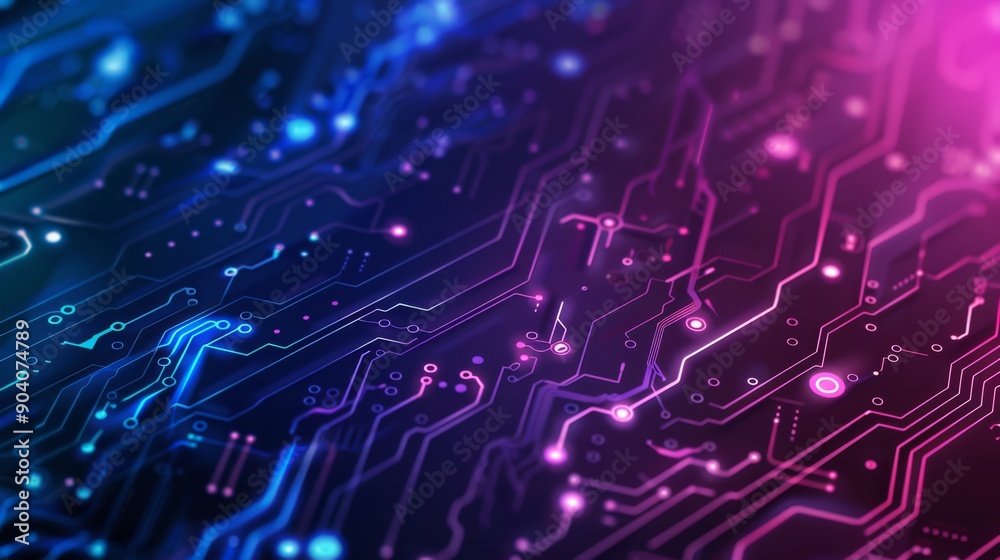 Close-up view of a futuristic circuit board with glowing neon lights and intricate digital pathways. Close-up view of a futuristic circuit board with glowing neon lights and intricate digital pathways.