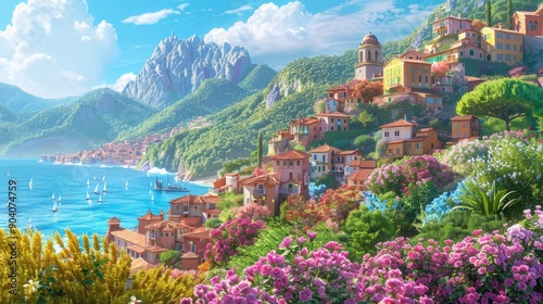 A beautiful town on a vibrant, flower-filled mountain under a clear heavenly sky