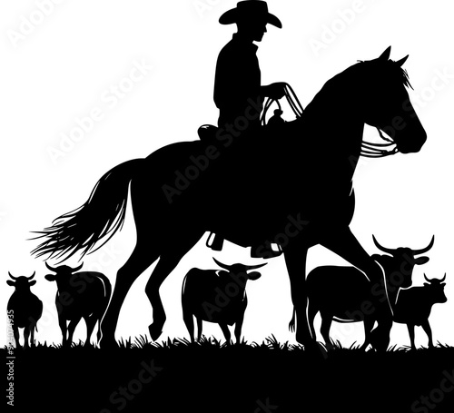 silhouettes cowboy ride a horse herding cows, 