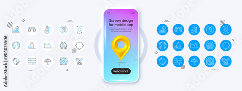Phone mockup with 3d map pin icon. Chemistry lab, Computer fan and Social distancing line icons. Pack of Sun protection, Waterproof umbrella, Filter icon. Vector