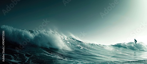 Surfer riding a breaking wave with a clear sky in the background and plenty of copy space image available
