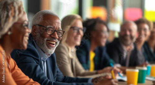 A diverse group of middle-aged professionals sitting at a conference table, engaged in a meeting. They are smiling and having a productive and positive discussion, with focus and collaboration.