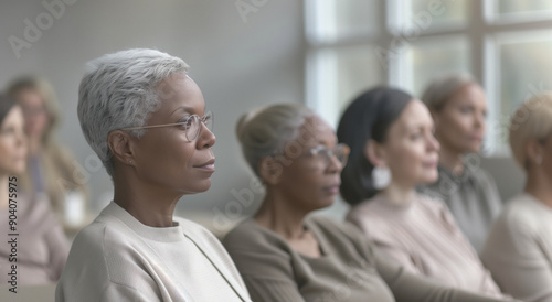 A diverse group of middle-aged women attentively listening during a meeting or presentation. The image captures a moment of focus and engagement, highlighting their involvement in the event.