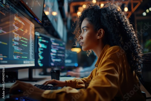 A software developer is intensely coding on multiple screens in an office environment, showcasing dedication to tech innovation and problem-solving skills in the modern workplace.