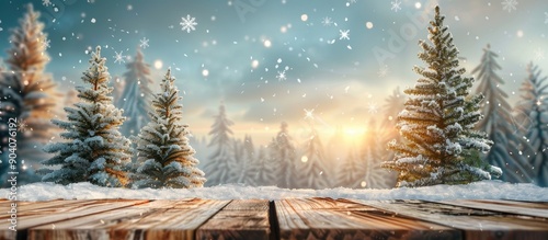 Winter landscape with snowy fir trees on a wooden table top creating a festive Merry Christmas and happy New Year greeting background suitable for copy space image
