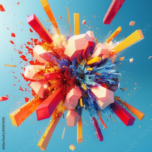 Vibrant explosion of colorful geometric shapes creating an eye-catching abstract art piece against a blue background.