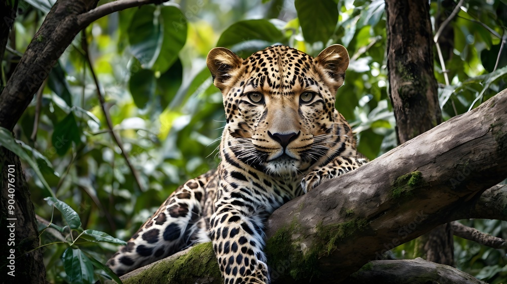 Fototapeta premium An image of a sneaky leopard perched on a tree. (Panthera pardus)