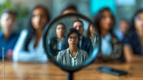 talent assessment, magnifying glass highlights skills experiences, urging careful evaluation of candidates in hiring process photo