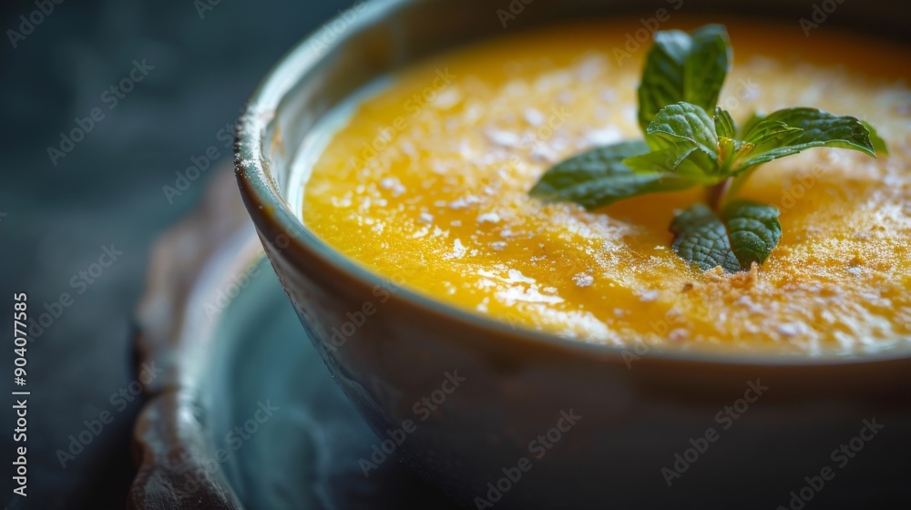 Close-up of a bowl of mango lassi with a frothy top and mint garnish. Close-up of a bowl of mango lassi with a frothy top and mint garnish.