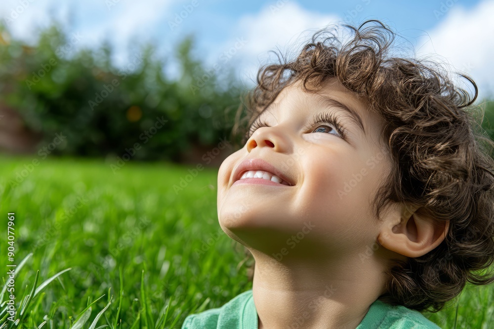 Joyful child looking up at the sky with a smile in a green grassy field, capturing innocence and wonder in nature. Joyful child looking up at the sky with a smile in a green grassy field, capturing innocence and wonder in nature.