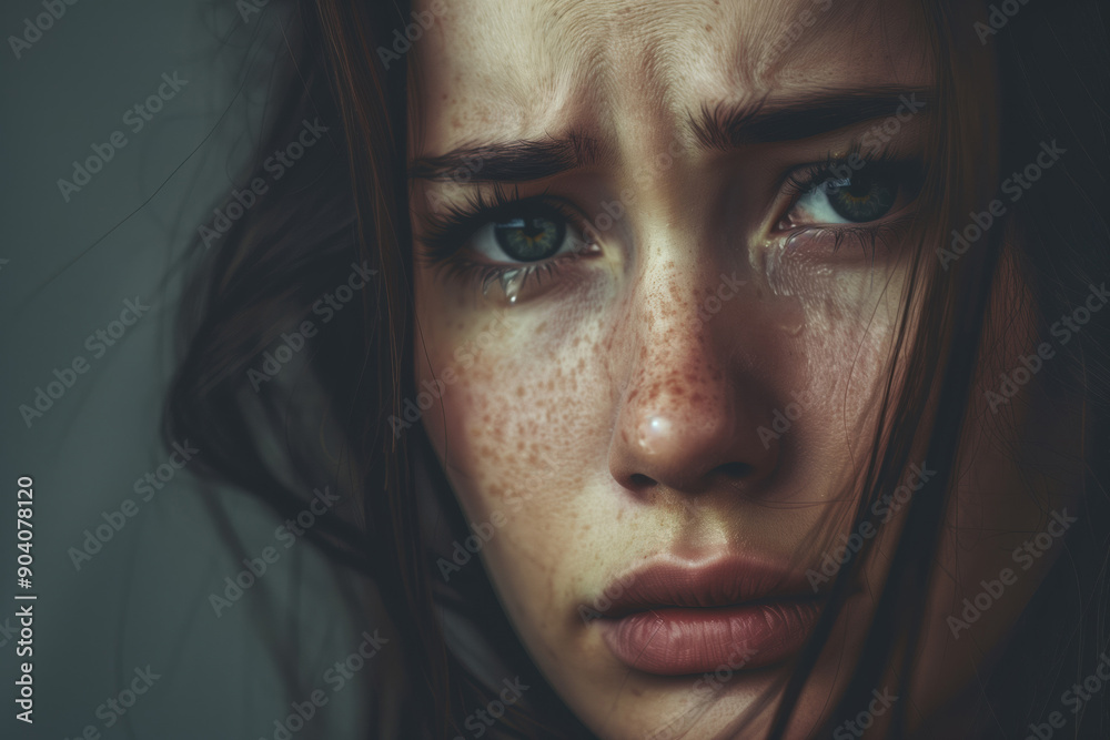 Close-up of a woman with a tear on her cheek in a dimly lit room Close-up of a woman with a tear on her cheek in a dimly lit room