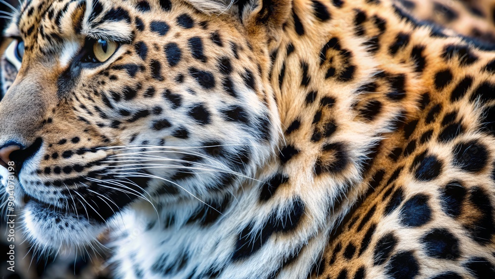 Fototapeta premium Dramatic close-up of majestic big cat's fur featuring striking black and white leopard skin pattern on a blurred background.