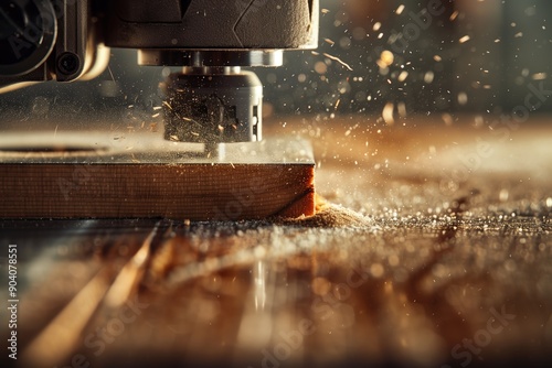 Close-Up of Jigsaw Tool Cutting Wood with Sawdust Flying in Workshop photo