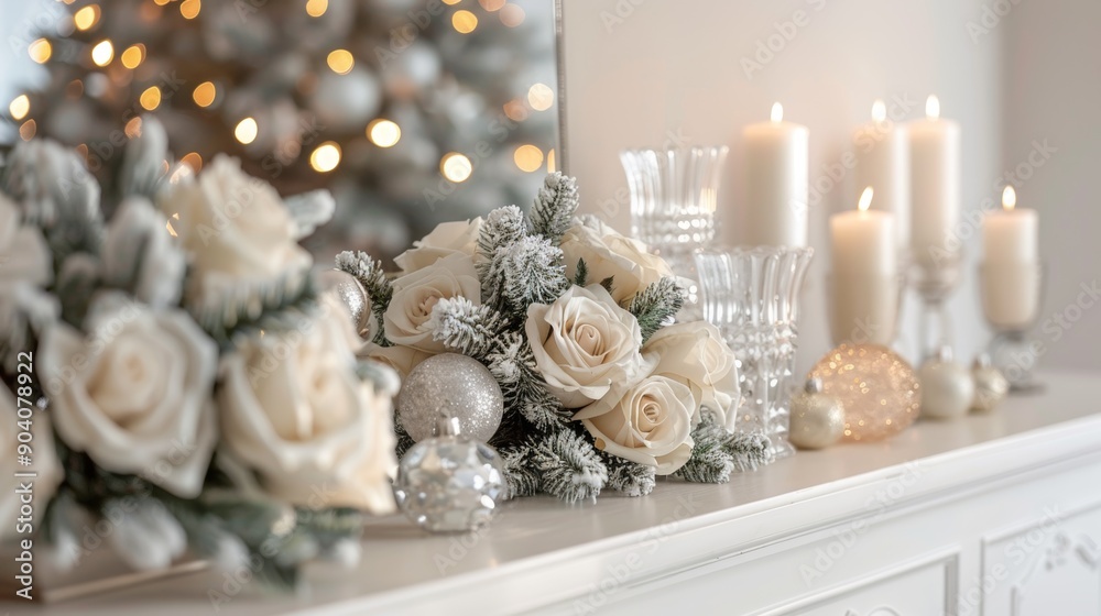 simple christmas decor idea a white sideboard adorned with vintage crystal candle holders and white roses, exuding elegance and minimalism simple christmas decor idea a white sideboard adorned with vintage crystal candle holders and white roses, exuding elegance and minimalism