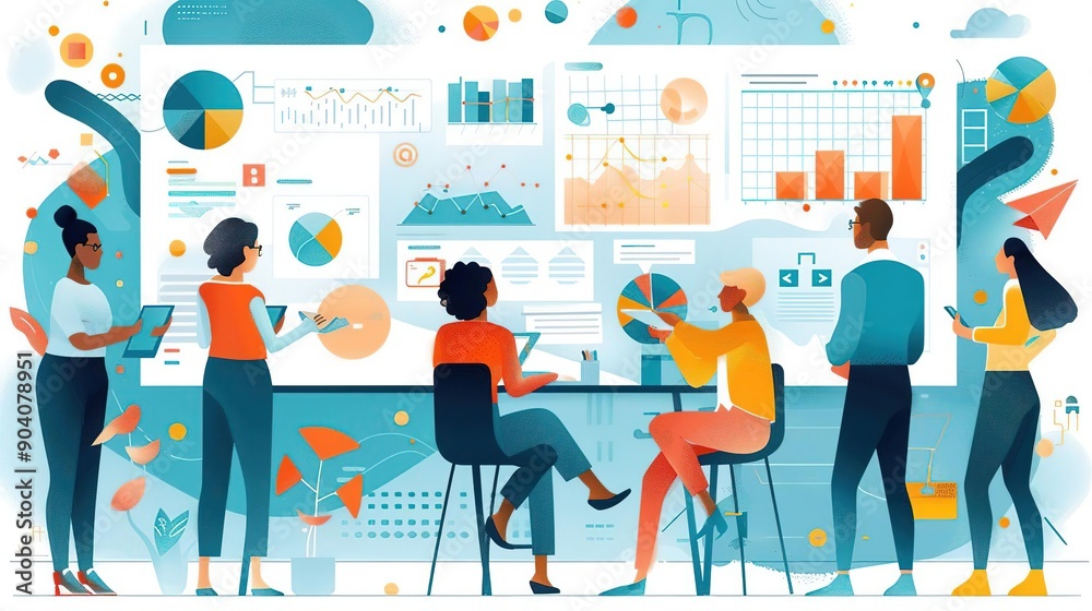 Business Analytics Illustration: Team of Professionals Analyzing Data Charts and Graphs Business Analytics Illustration: Team of Professionals Analyzing Data Charts and Graphs