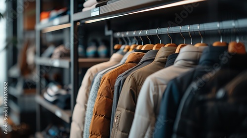 Row of stylish winter jackets on hangers in a modern clothing store, showcasing fashion and outerwear options for the cold season.