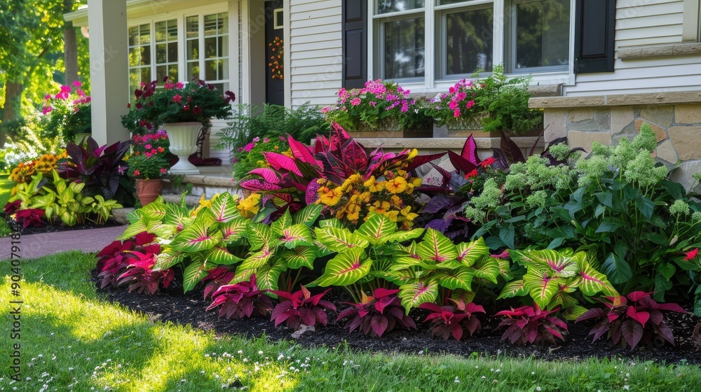 A beautifully landscaped front yard with a mix of Caladium plants and other flowering plants. A beautifully landscaped front yard with a mix of Caladium plants and other flowering plants.