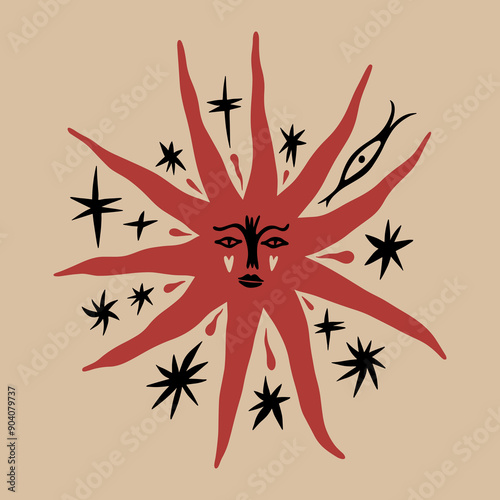 Cartoon Sun and stars fairytale funny groovy whimsical flat art. Doodle stellar celestial cute astronomy and astrology characters. Midsummer or Litha holiday. Hand-drawn bohemian composition. Solar