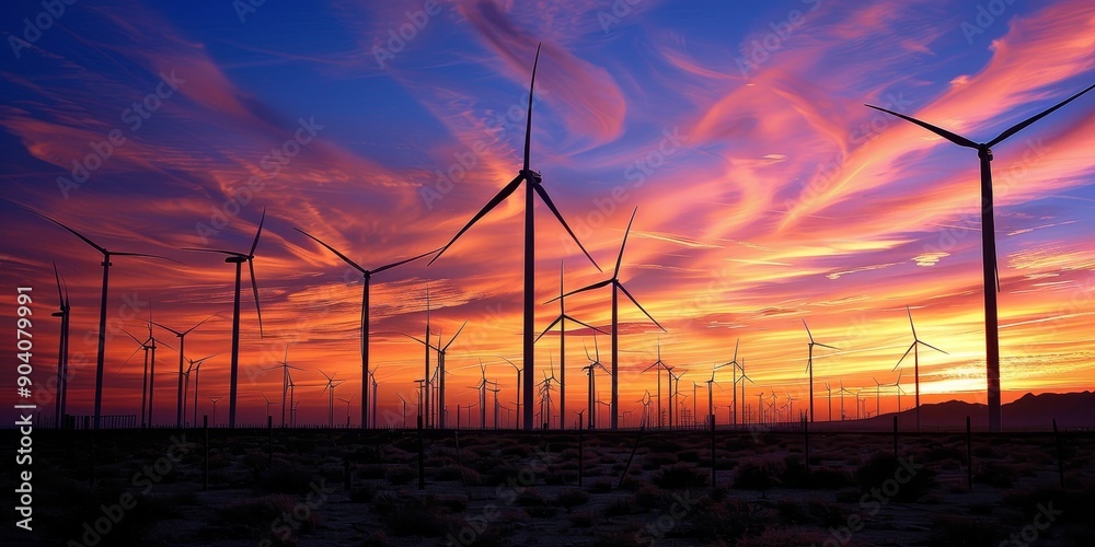 Obraz premium A field of wind turbines against a sunset, capturing the transition to renewable energy sources