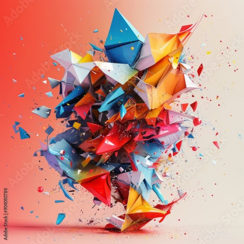 Vibrant geometric shapes explode in a colorful display, creating an abstract composition full of dynamic energy.