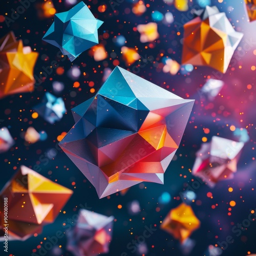 Vibrant geometric shapes float in a cosmic space, showcasing intricate facets and dynamic colors, perfect for abstract art enthusiasts.